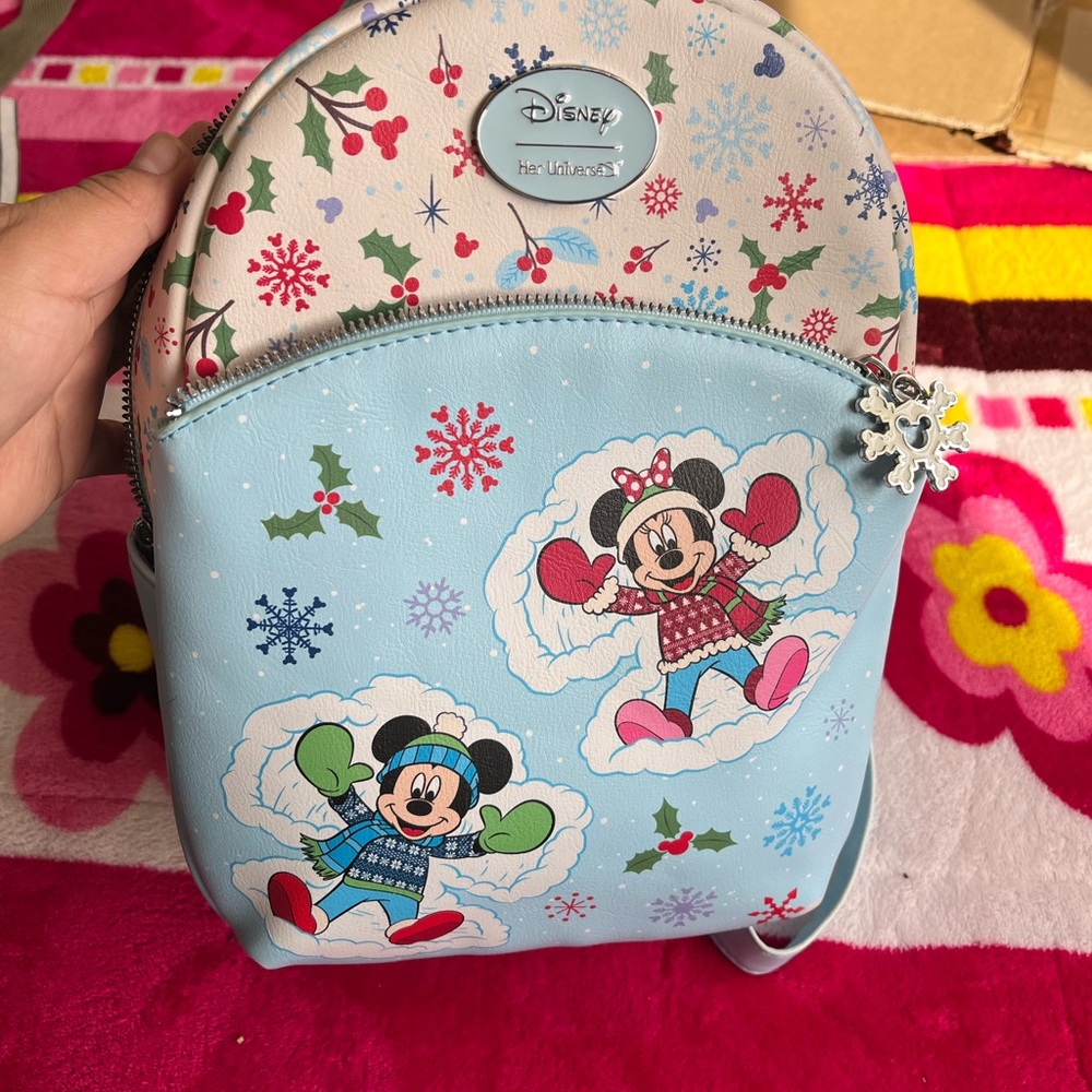 Disney Kids' Blue and White Mickey & Minnie Snowy Backpack